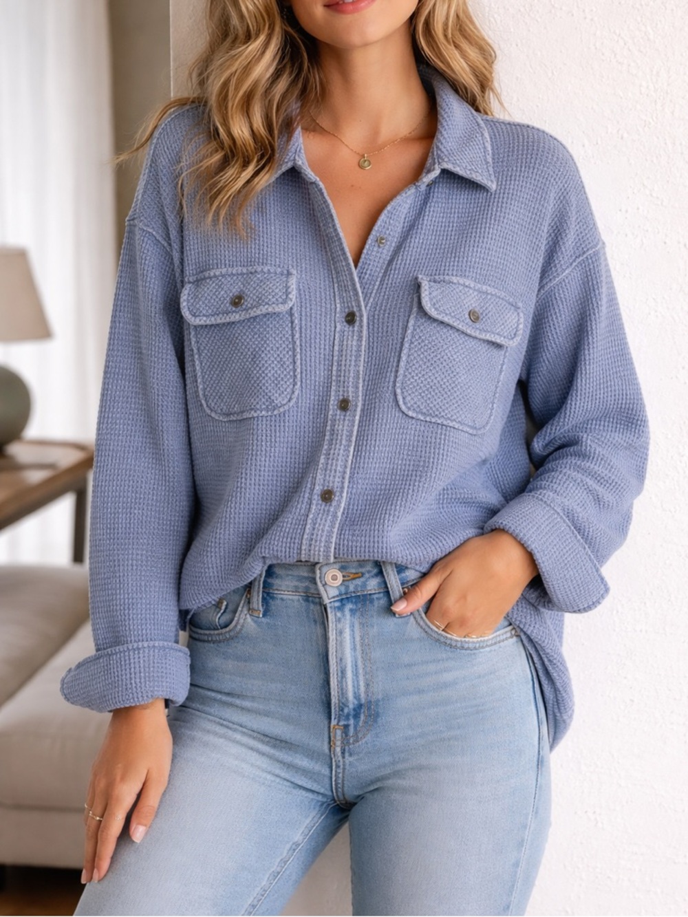 Cozy Cute Hippie Rose Light Blue Waffle Knit Button-Down Shirt